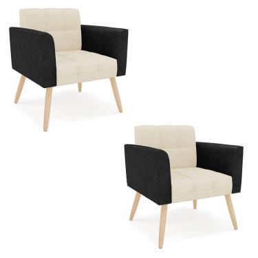 Imagem de Poltrona Pés Palito Natural Kit 2 Elisa Preto-linho Bege A19 D03 - D'rossi