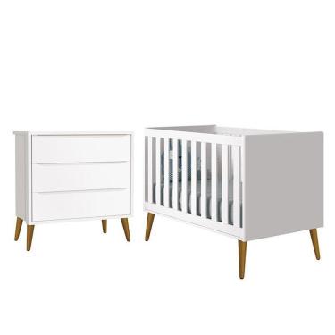 Imagem de Jogo De Quarto Infantil Theo Retrô Cômoda 3 Gavetas E Berço Branco Fosco Com Pés Amadeirado - Reller Móveis Branco Fosco