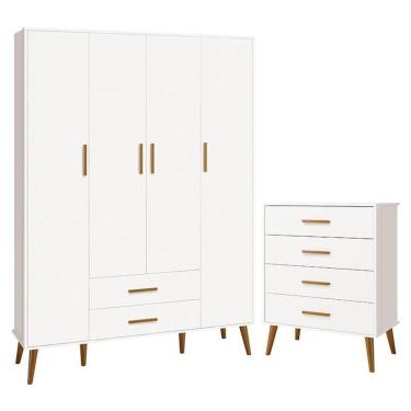Imagem de Jogo De Quarto Infantil Isis Guarda Roupa 4 Portas E Cômoda 4 Gavetas Branco - Reller Móveis Branco