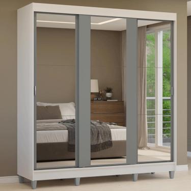 Imagem de Guarda-Roupa Casal com Pés 3 Portas de Correr de Espelho Branco/Cinza Reno Madesa