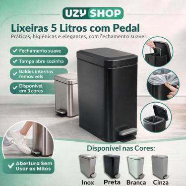 Imagem de Lixeira Retangular Slim 5 Litros com Pedal Inox Branco Preto Cozinha B