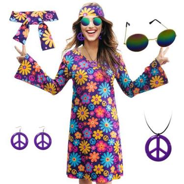 Imagem de Vestido hippie MRYUWB dos anos 70 com colar, brincos, óculos de sol, r