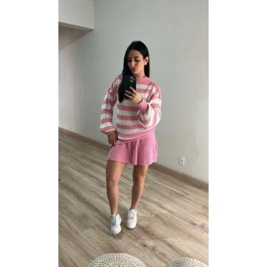 Imagem de Conjunto Saia Godê Curta Blusa Listras Manga Bufante Tricot Cor:Rosa B