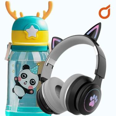 Imagem de Fone de ouvido infantil bluetooth gatinho + Garrafinha 600ML - 01Smart