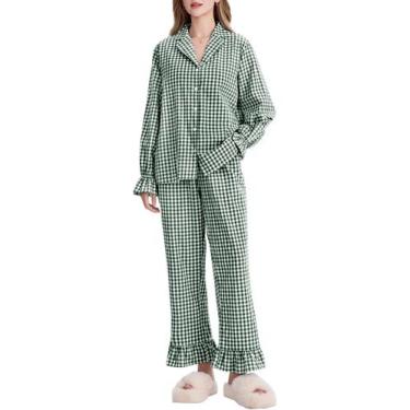 Imagem de Conjunto de pijama de algodão Kissonic Gingham de manga comprida para 