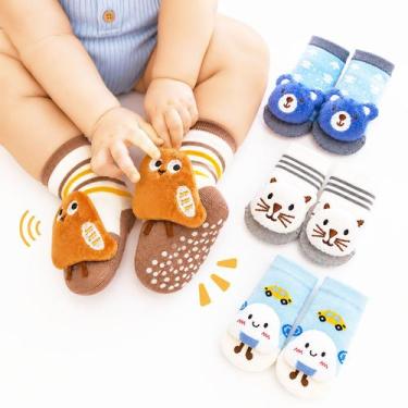 Imagem de Kit 4 Pares Meia Bebê Antiderrapante 3D com Chocalho Menino - HR, 12-2