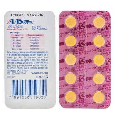 Imagem de AAS Ácido Acetilsalicílico 100mg 10 comprimidos 10 Comprimidos