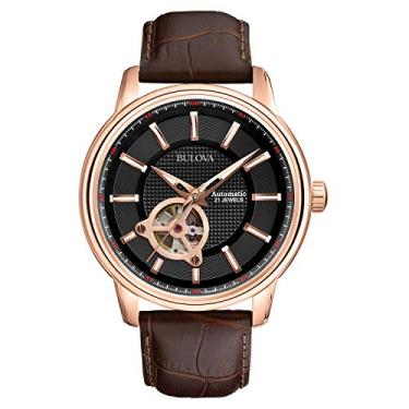 Imagem de Relógio masculino Bulova Classic Automatic 97A109, com pulseira de couro, preto/ouro rosa