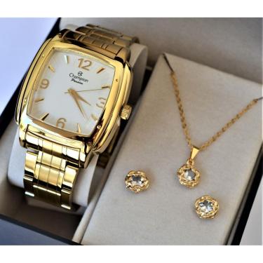 Imagem de Relogio Champion Dourado Quadrado Grande Cn28731w + Kit Semi Joia