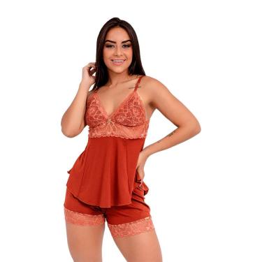 Imagem de Pijama Short Doll Baby Doll IMI Lingerie Microfibra E Renda Hope Terracota