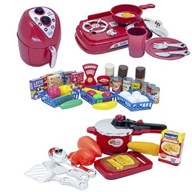 Imagem de Kit Cozinha Infantil Menino Vermelho Mercado Ai Fryer 48pç