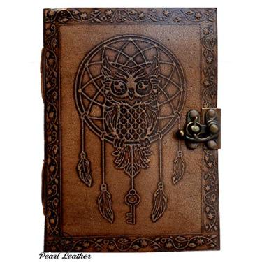 Imagem de Caderno de sonhos de couro pérola com caderno de couro de coruja de feitiçaria em branco de feitiço livro de faculdade livro de sombras poesia pontilhado cadernos pessoais capa dura diária sem forro C Lock 7x5 polegadas
