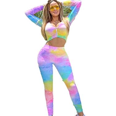 Imagem de Yajun Roupas de ginástica de ioga sem costura impressão tie dye moda manga longa com zíper top leggings conjunto de duas peças roupas esportivas fitness, cor, G (busto: 92 cm)