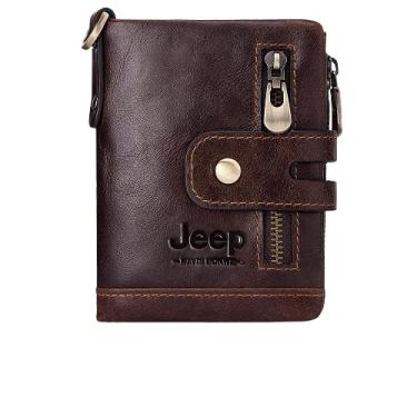 Imagem de Carteira masculina JEEP KAVIS BONWE, couro genuíno, dobrável, bolso para moedas, clipe para dinheiro, bloqueio de RFID, corrente, zíper, chaveiro (Café)