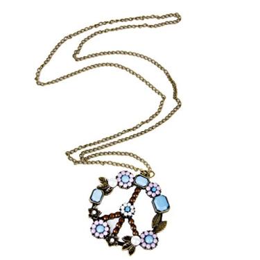 Imagem de LoveinDIY Colar com pingente retrô floral paz e amor Boho Hippie com pingente longo