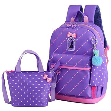 Imagem de Vidoscla Conjunto de 3 peças de mochilas com estampa de coração com laço para escola primária, mochila de viagem, mochila de ombro para meninas, Impressões de corações do amor, Purple B, Medium