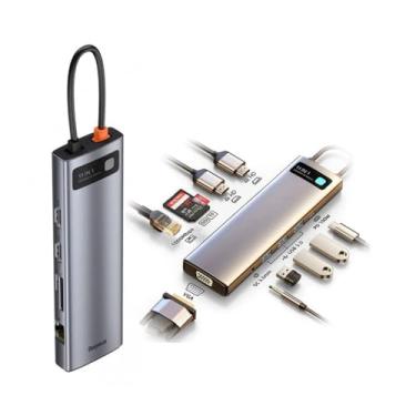 Imagem de Baseus Estação de ancoragem USB C, estação de ancoragem para laptop 11 em 1 com 2 HDMI, VGA, 3 portas USB 3.0, leitor de cartão SD/TF, LAN, 100 W PD, porta auxiliar de 3,5 mm compatível