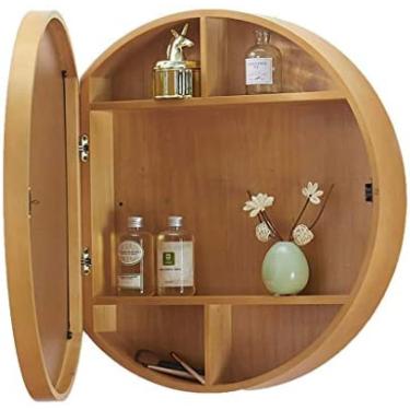 Imagem de Armário de espelho de banheiro de madeira maciça espelho de parede redondo-espelho de vaidade com função de armazenamento,Madeira2,70cm