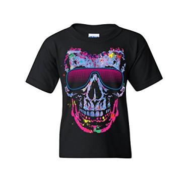 Imagem de Camiseta infantil Neon Skull Sunglasses Swag Multicolor Music EDM Rave Pop Kids, Preto, M