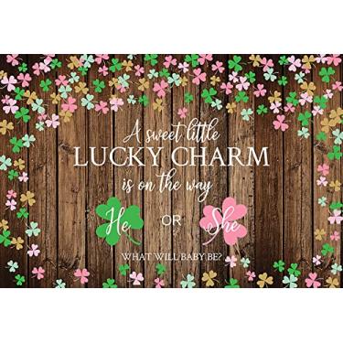 Imagem de MEHOFOND 2,1 x 1,5 m amuleto da sorte revelação de gênero pano de fundo dia de São Patrício chá de bebê decoração banner suprimentos rosa ou verde trevo trevo fundo mesa de bolo estúdio foto adereço