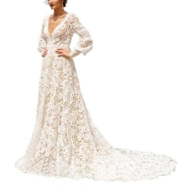 Imagem de Novos vestidos de noiva sexy gola V mangas compridas boêmio renda vestido de noiva boho vestido de casamento, Marfim, 24