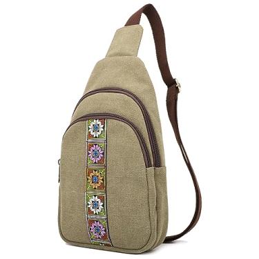 Imagem de SILKAREA Bolsa tiracolo de lona para mulheres, bolsa tiracolo pequena, mochila de viagem, caminhada, mochila para o peito, Verde militar, Medium
