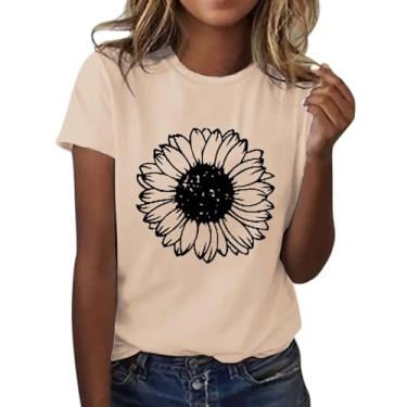 Imagem de Camisetas femininas de verão com estampa floral, gola redonda, manga curta, túnica casual folgada, Bege, GG