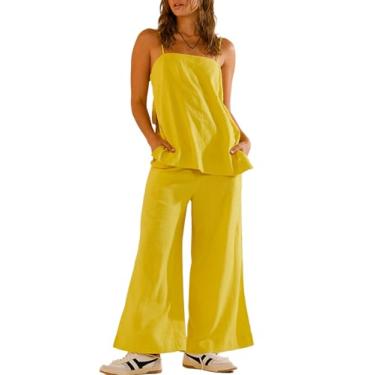 Imagem de PAODIKUAI Conjunto feminino de verão de 2 peças, sem mangas, gola quadrada, calça de perna larga combinando, Dourado, P