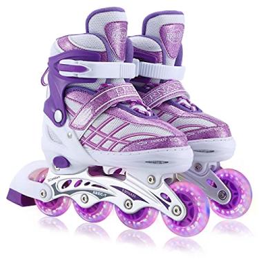 Imagem de Patins infantis em linha para meninas meninos iniciantes ajustáveis, todas as 8 rodas iluminadoras (roxo, médio (2-5))