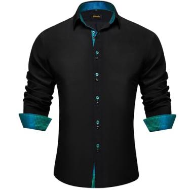 Imagem de DiBanGu Camisa social masculina, manga comprida, casual, abotoada, paisley, modelagem regular, festa de negócios, Xadrez preto/azul-petróleo, GG