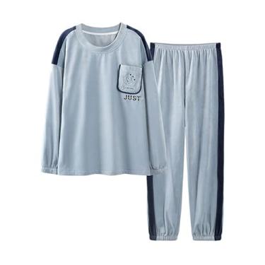 Imagem de LUBOSE Conjunto de camisola de flanela, camisola feminina, camisola térmica de inverno, terno longo feminino de manga comprida, conjunto de camisola confortável para uso doméstico (P, azul)
