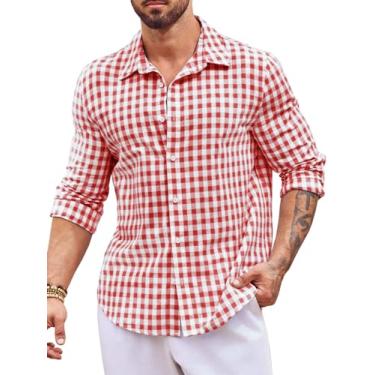 Imagem de Runcati Camisa masculina xadrez de manga comprida com colarinho de algodão casual verão praia, Vermelho, G