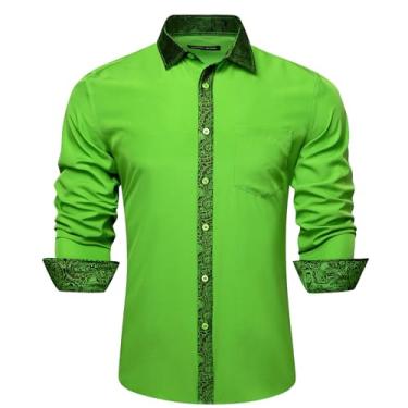 Imagem de Barry.Wang Camisa social masculina casual clássica de botão com contraste interno formal manga longa estampada modelagem regular, Ourter verde maçã, P
