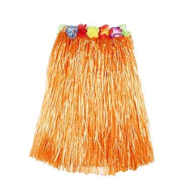 Imagem de RYZGOJV Pacote com 2 vestidos de festa infantil Havaí Saia Hula Grass saia ajustável para festa havaiana fantasia fantasia 60 CM-laranja