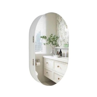 Imagem de Armário de parede para banheiro, espelho branco, espelho oval, grande capacidade, armário de armazenamento, móveis de decoração