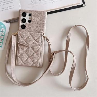 Imagem de Carteira de couro treliça flip card case para Samsung S24 Ultra S23 FE S22 Plus A55 A35 A15 A54 A24 A14 A53 A23 Capa de cordão, cáqui, para Samsung A54
