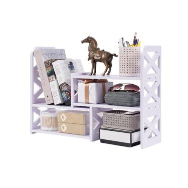 Imagem de Felmis Organizador de mesa expansível branca pequena estante ajustável para armazenamento de mesa, mini prateleiras fofas de escritório para sala de aula, escritório, dormitório, casa