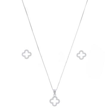 Imagem de Colar Feminino De 45cm Prata 925 Conjunto Brinco Trevo Cravejado