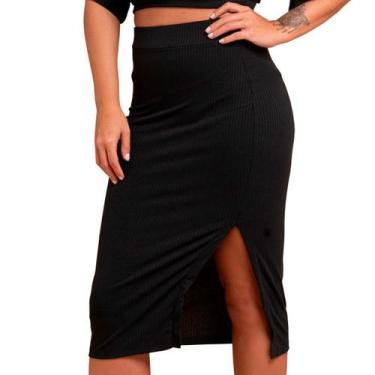Imagem de Saia Lápis Tubinho Modeladora Preta com Fenda Lateral Midi Reta Canela