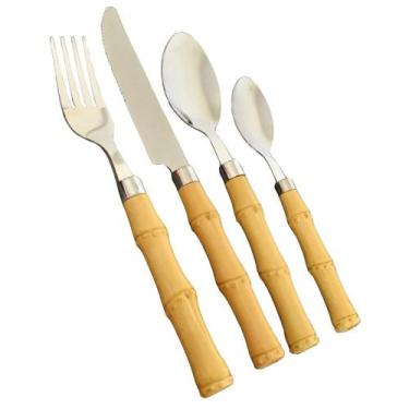 Imagem de Faqueiro 16 Peças Aço Inox com Cabo Plástico Bambu Serve 4 Pessoas - R