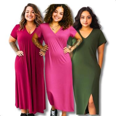 Imagem de Kit 3 Vestido Longo Feminino Midi Liso Com Fenda E Bolsos - Contramão 