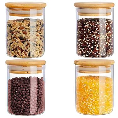 Imagem de Kit 4 Potes Herméticos 450ml Vidro Temperos Mantimentos Tampa De Bambu