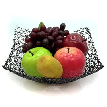 Imagem de BIOGRAT Tigela de frutas preta para balcão de cozinha 22,5 x 9,5 cm (não grande) Cesta decorativa de arame de metal de bancada feita à mão para frutas, pães, lanches