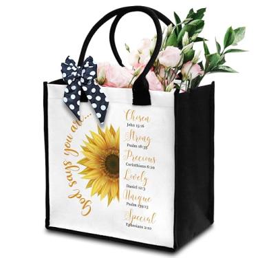 Imagem de Sacola cristã para mulheres, God Says You Are Tote Bag, sacola de lona com versículo bíblico para viagens de compras, sacola de presente religioso com fita, sacola de girassol presentes para mulheres,