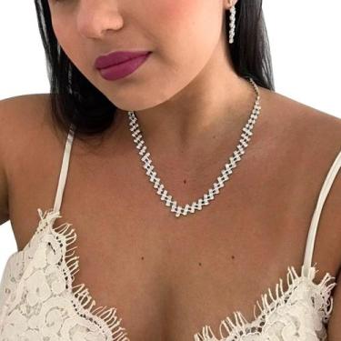 Imagem de Kit Colar e Brinco Strass Delicado Feminino Prateado Luxo - anjo da ma