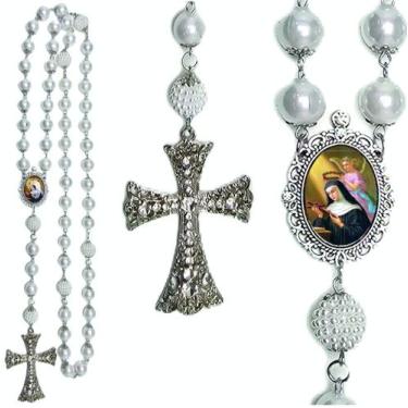 Imagem de Terço Noiva Prata Pérolas Brancas Santa Rita - Evangelize