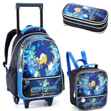 Imagem de Kit Mochila Rodinha Estojo Lancheira Escolar Infantil Sonic - Denlex