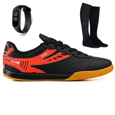 Imagem de Kit Chuteira Futsal Couro Futebol Salao Quadra + Meião + Relogio Adult