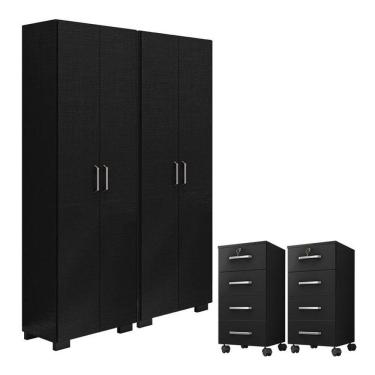 Imagem de Kit 2 Gaveteiros para Escritório Gávea com Chave e 2 Livreiros Office com Portas Grandes Preto Fosco - Móveis Leão