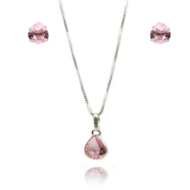 Imagem de Conjunto Ponto Luz Gota Rosa Prata Legitima 925 - Lojas La&Ny